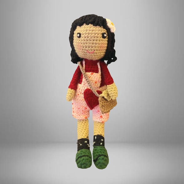 POUPEE AVEC SAC EN BANDOULIERE, EN LAINE S O L D E